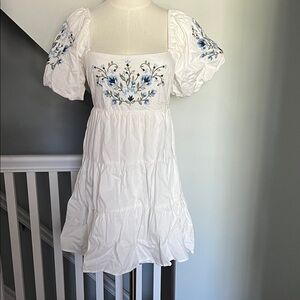 miami White Dress with Blue Floral Embroidery